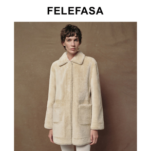 FELEFASA斐梵萨冬新品女装 美利奴皮毛一体翻领皮草大衣外套