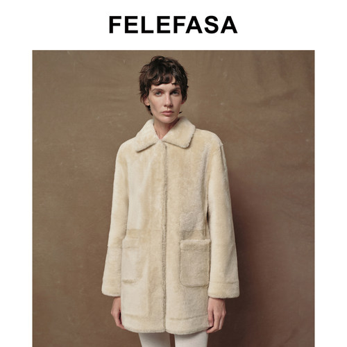 FELEFASA斐梵萨冬新品女装 美利奴皮毛一体翻领皮草大衣外套