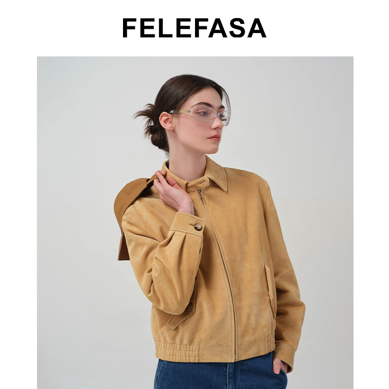 FELEFASA斐梵萨26春女装 Bonaudo绒面牛皮短款翻领夹克皮衣外套