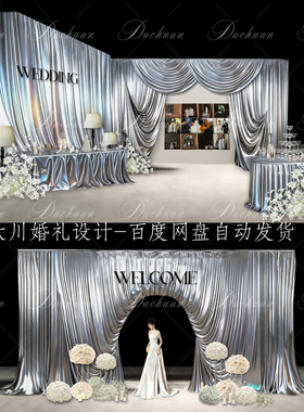 673银色布幔婚礼效果图沉浸式迎宾区灰色镭射布入口通道满天星