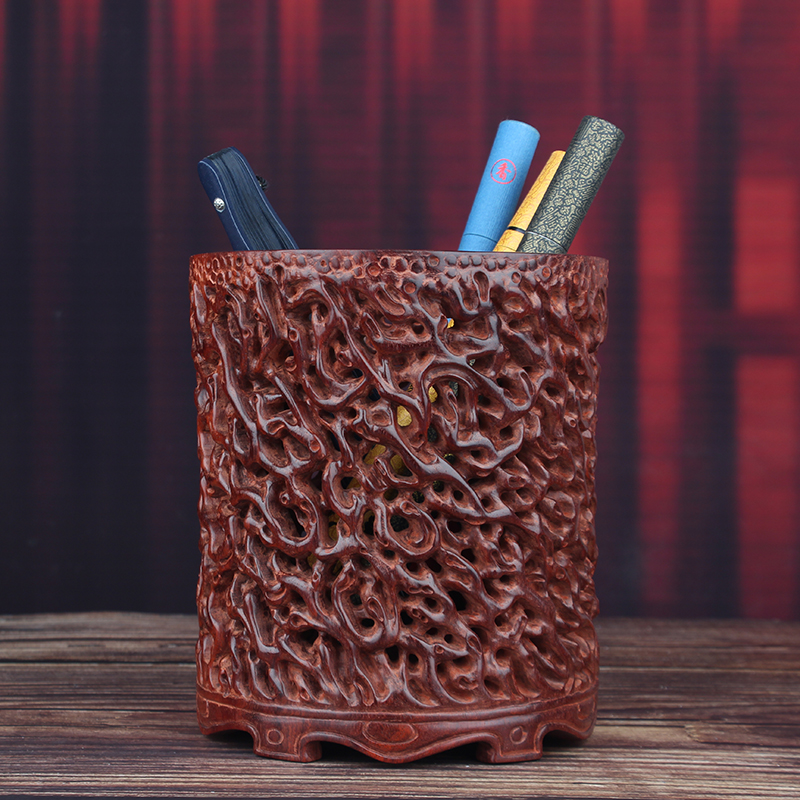 小叶紫檀木雕老树盘根笔筒复古中国风文房四宝办公室摆件商务礼品