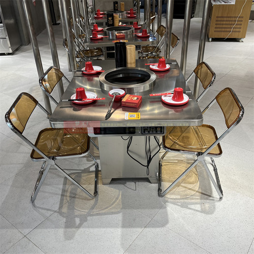 不锈钢无烟火锅桌子电磁炉一体自助韩式烤肉店折叠餐桌椅组合商用
