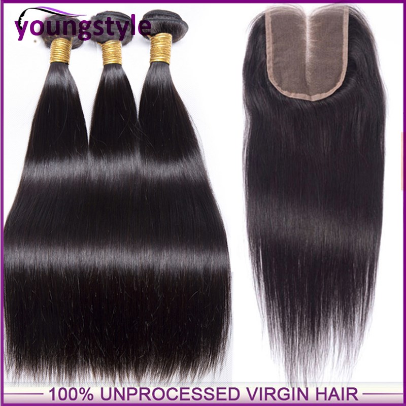 Peruvian human virgin hair weave straight hair with closure