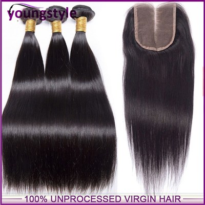 Peruvian human virgin hair weave straight hair with closure