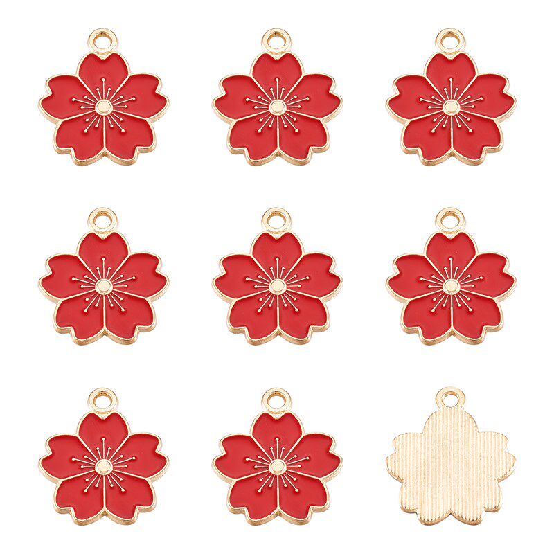 10Pcs Pink Sakura Flower Charms Alloy Enamel Pendants Charms