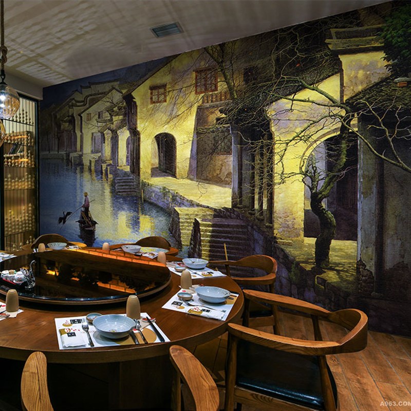 3d中式风景水墨画壁纸餐厅火锅店饭店电视背景墙江南水乡壁画墙纸