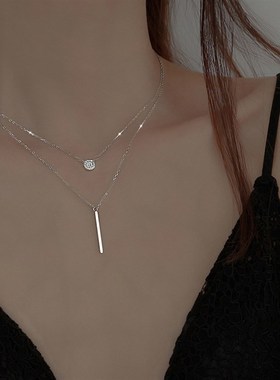 叨欧美新款ins满钻圆牌长条吊坠双层项链女创意个性叠戴锁骨链