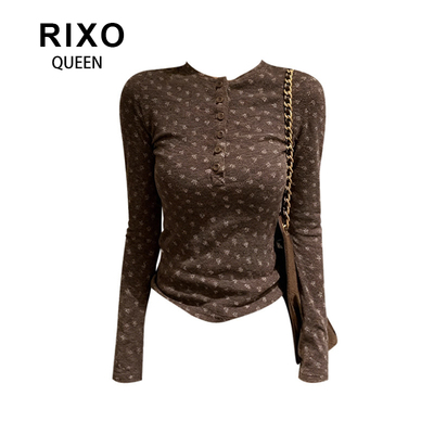RIXO QUEEN韩系复古亨利领纽扣碎花T恤女春季显瘦加绒套头打底衫