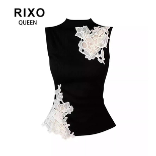 夏设计感显瘦镂空上衣 背心女装 RIXO QUEEN优雅风黑色蕾丝拼接无袖