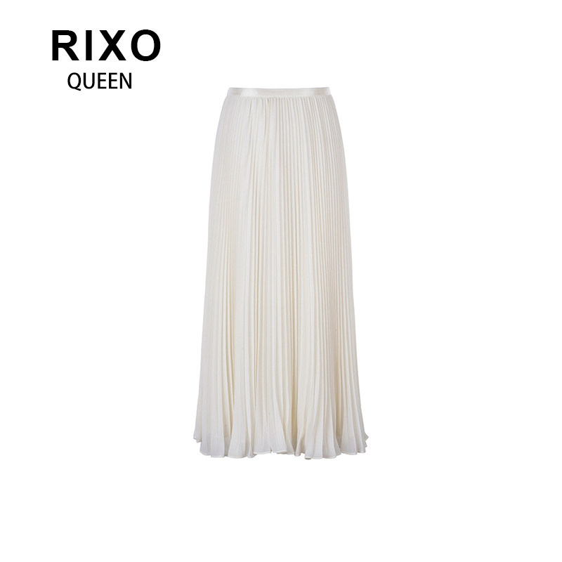 RIXO QUEEN米白色大码雪纺半身裙女胖妹妹高腰mm显瘦百褶大摆伞裙