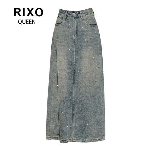 RIXO QUEEN怀旧蓝白钻牛仔半身裙女春秋复古高腰显瘦直筒开叉长裙