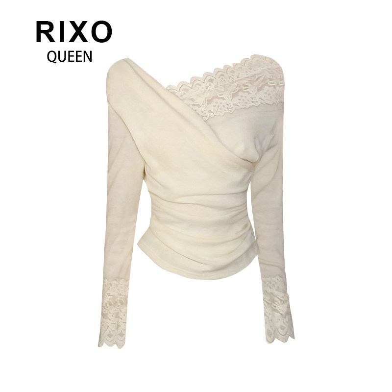 RIXO QUEEN设计感交叉V领蕾丝拼接斜肩上衣秋冬修身收腰长袖上衣