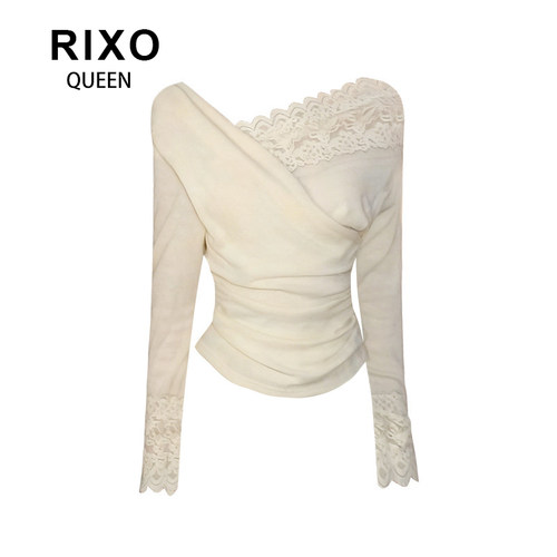 RIXO QUEEN设计感交叉V领蕾丝拼接斜肩上衣秋冬修身收腰长袖上衣