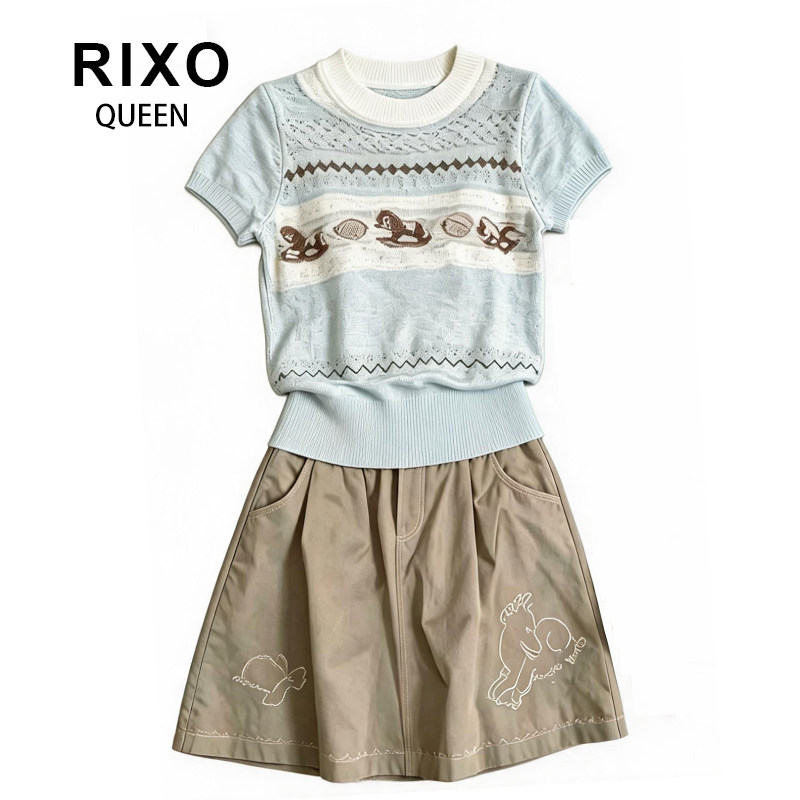RIXO QUEEN减龄套装独特ins绝美韩风chic蓝色印花T恤半身裙套装夏