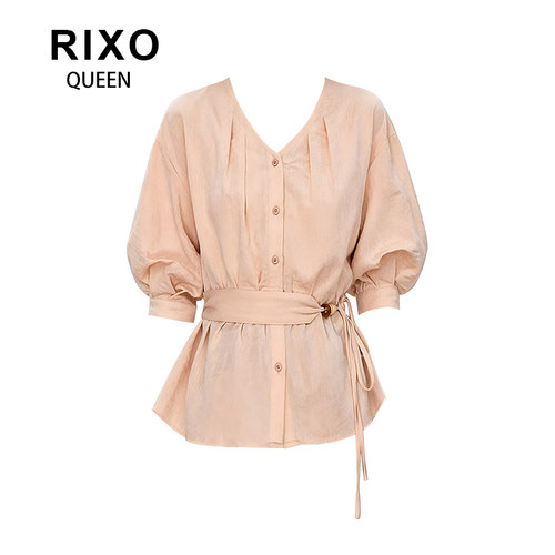 RIXO QUEEN法式收腰衬衫女2026夏季宽松显瘦薄款中V领上衣配腰封