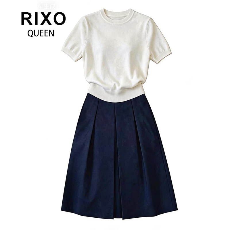 RIXO QUEEN通勤风短袖针织衫百褶半身裙两件套女夏显瘦套装2026新