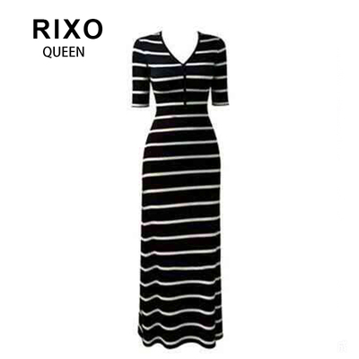 RIXO QUEEN条纹撞色显瘦短袖长裙休闲柔风夏季新款收腰包臀连衣裙