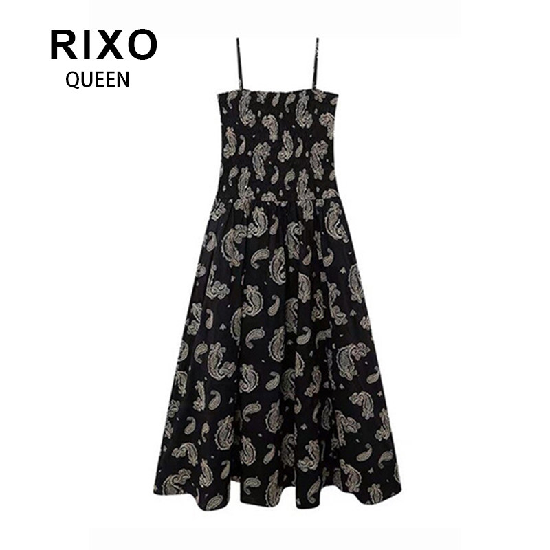 RIXO QUEEN刘浩存同款黑色印花吊带连衣裙女收腰恋夏风刺绣长裙