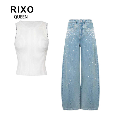 RIXO QUEEN百搭无袖针织背心复古蓝阔腿宽松弯刀裤珍珠做旧牛仔裤