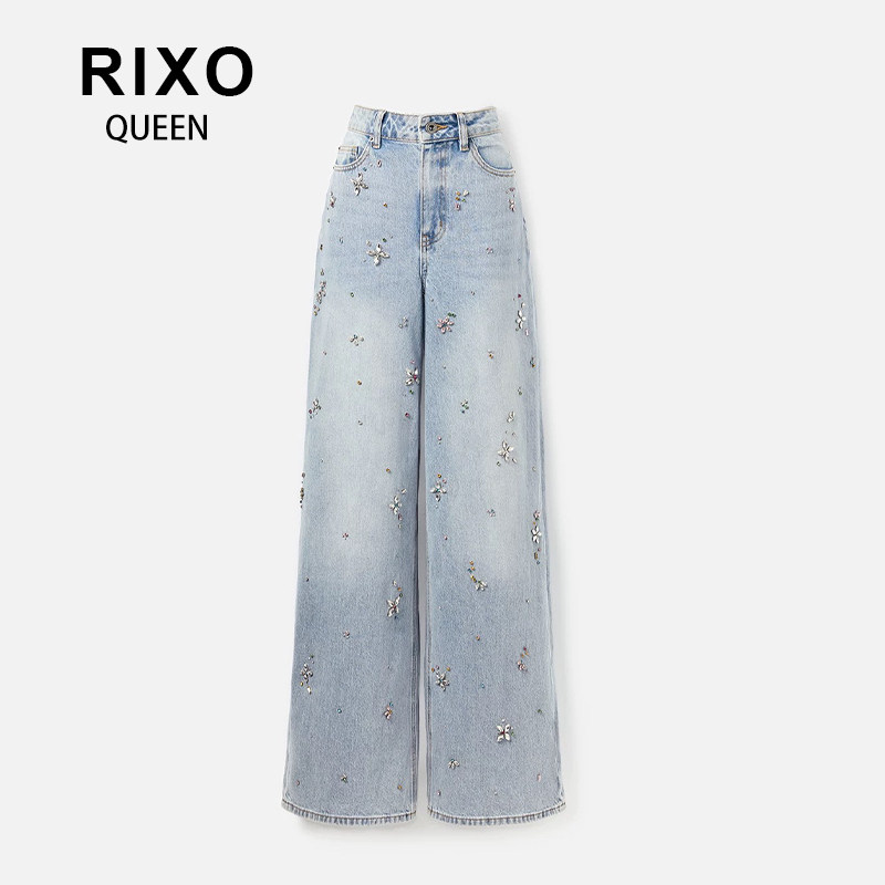 RIXO QUEEN新款手工彩钻高腰阔腿牛仔裤浅蓝长裤高级感镶钻直筒裤