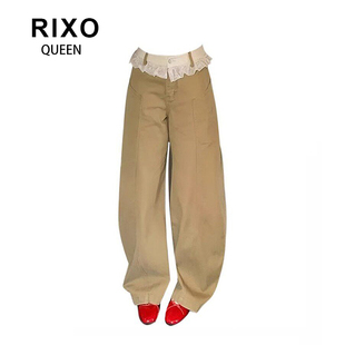 RIXO 复古卡其色蕾丝拼接弯刀牛仔裤 女春宽松阔腿镰刀裤 QUEEN美式