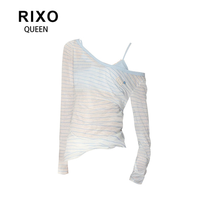 RIXO QUEEN韩系慵懒风微透薄款条纹罩衫女夏纯欲宽松显瘦长袖上衣