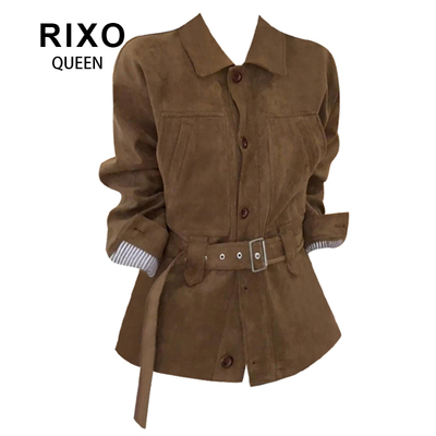 RIXO QUEEN复古做旧翻领单排扣腰带收腰外套女秋绒皮显瘦开衫上衣