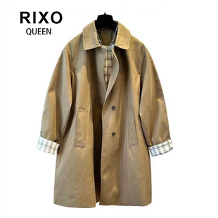 RIXO QUEEN英伦风格子翻领中长款风衣女2026春秋新款宽松洋气外套