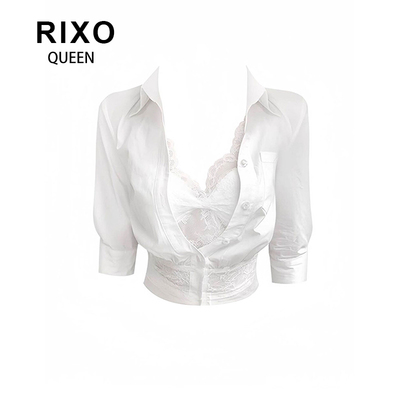 RIXO QUEEN收腰蕾丝衬衫女2026春显瘦气质性感风漏脐短款别致上衣