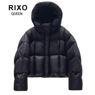 RIXO QUEEN大码黑色新款时尚羽绒棉服女冬季短款连帽保暖面包服