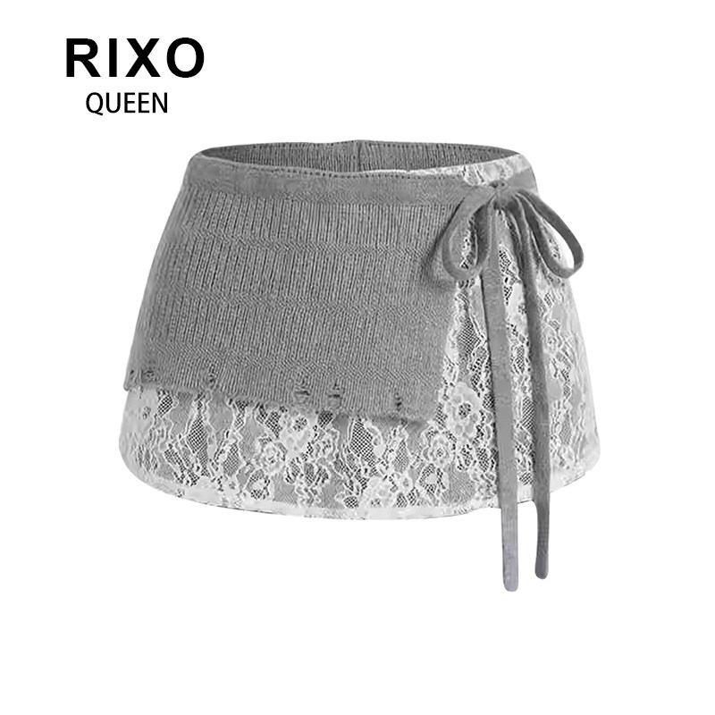 RIXO QUEEN双层灰色针织蕾丝屁帘系带裙帘女春夏一片式叠穿半身裙