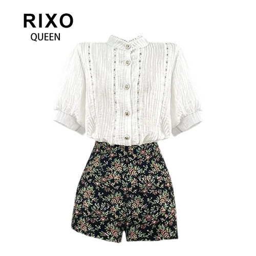 RIXO QUEEN法式小香风贵气镂空气质短袖衬衫小众短裤夏季两件套装