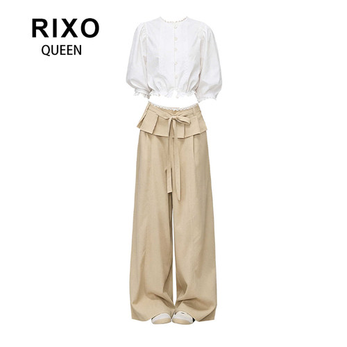 RIXO QUEEN白色花边七分袖衬衫卡其色荷叶边阔腿裤百搭两件套