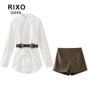 RIXO QUEEN气质减龄设计感白色收腰衬衫pu皮短裤辣妹两件套装女