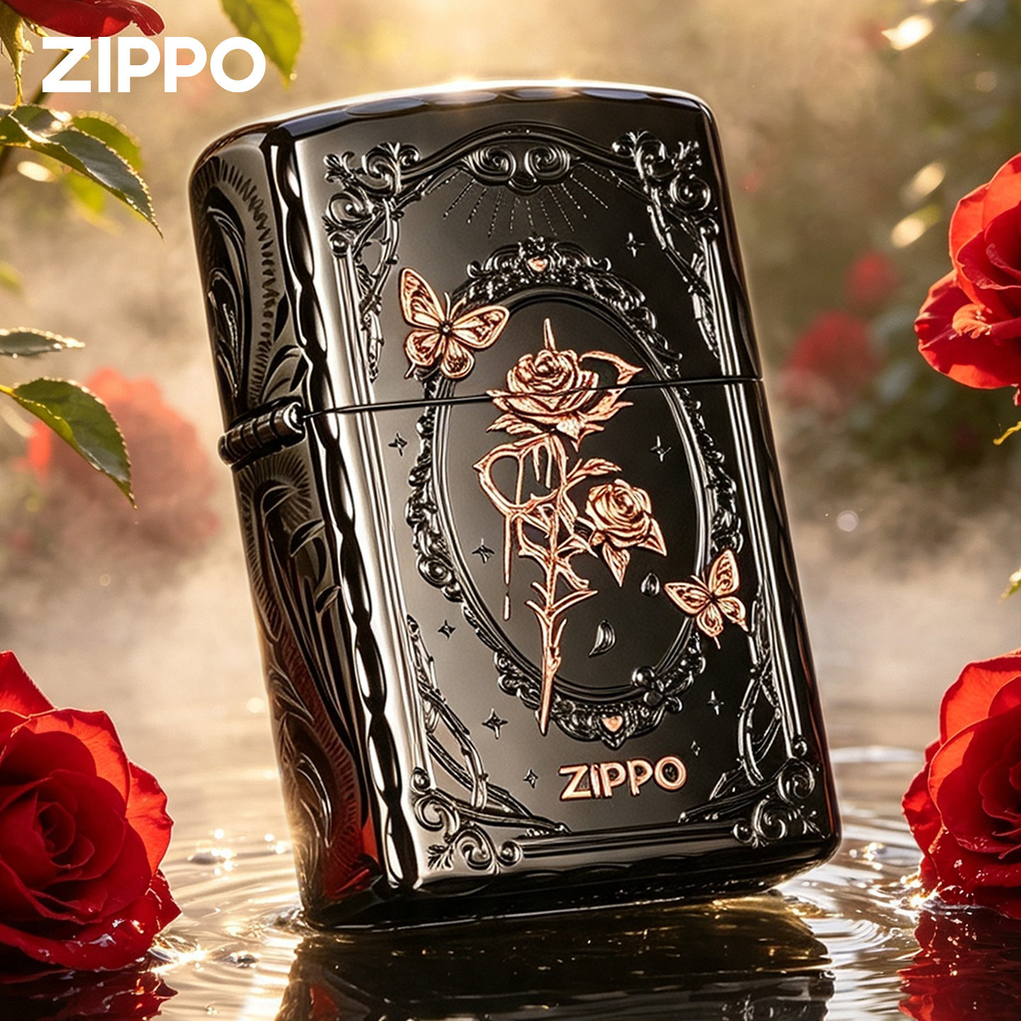 zippo打火机正品精雕黑冰玫瑰蝶影刻字男生男士生日礼物送男友