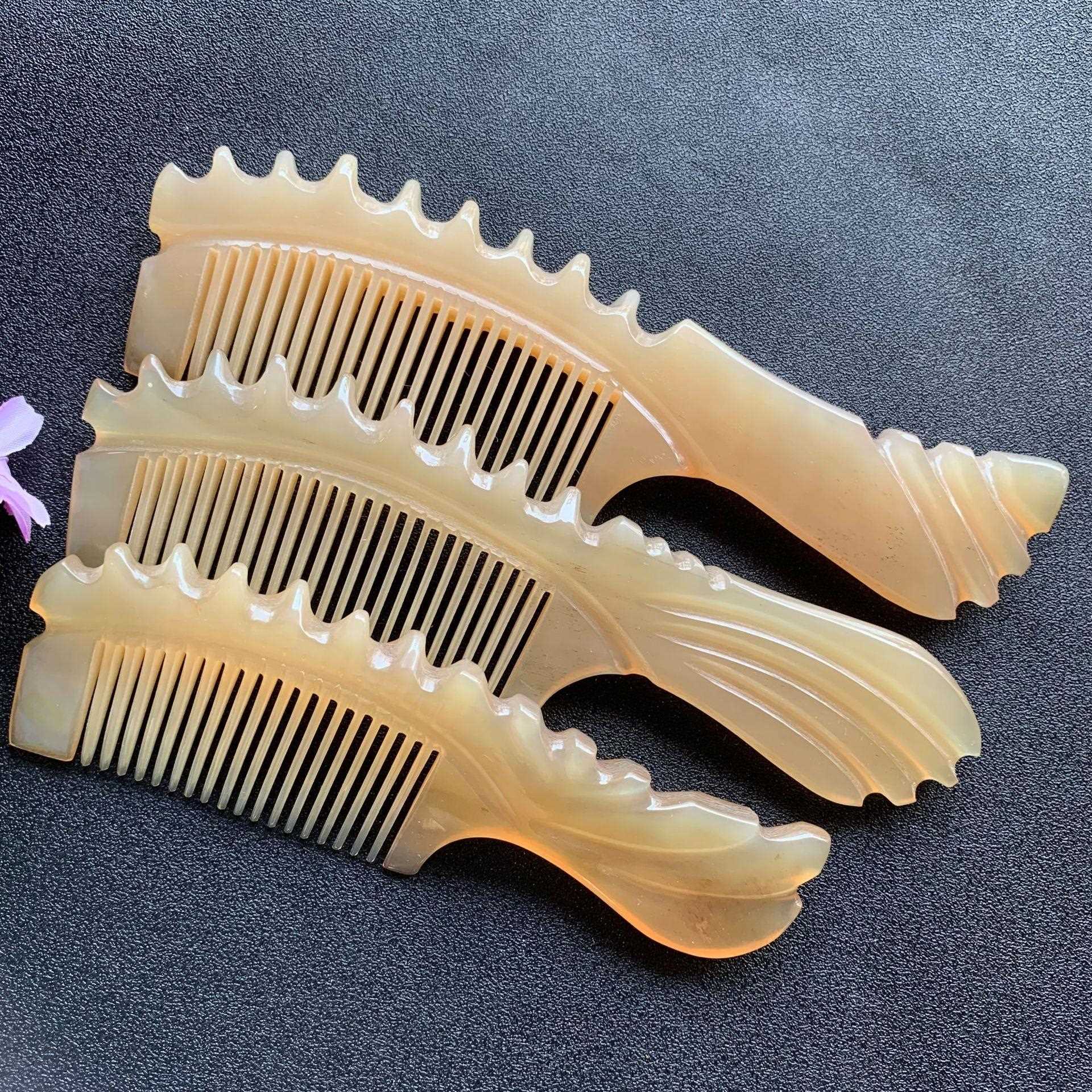 新款直销新款精美羊角狼牙梳羊角花型手柄梳按摩梳子羊角狼牙牛角