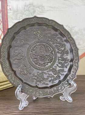 新款直销九龙盘子摆件九龙壁铜盘送支架客厅桌面装饰品仿古浮雕龙