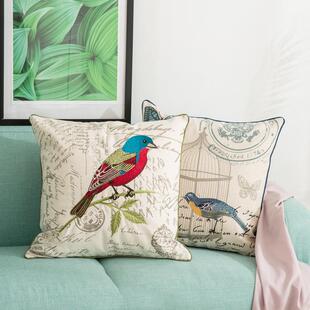 直销新款工厂直供美式乡村高档精工亚麻花鸟刺绣沙发靠垫北欧棉麻