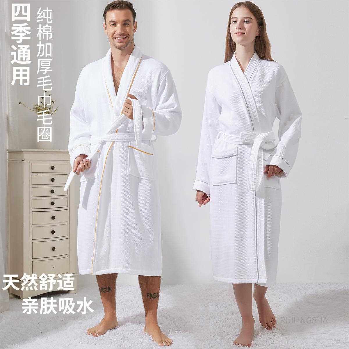 新款直销情侣加厚纯棉毛巾浴袍长款女男四季通用毛圈吸水速干睡袍