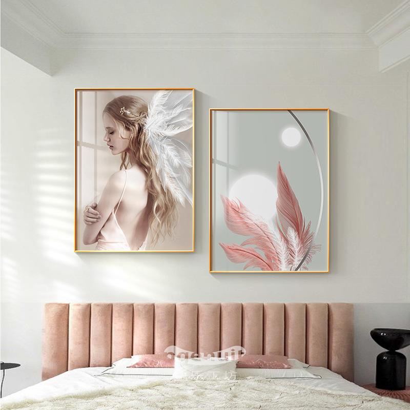新款直销现代简约卧室装饰画轻奢床头人物竖版壁画粉色温馨主卧背