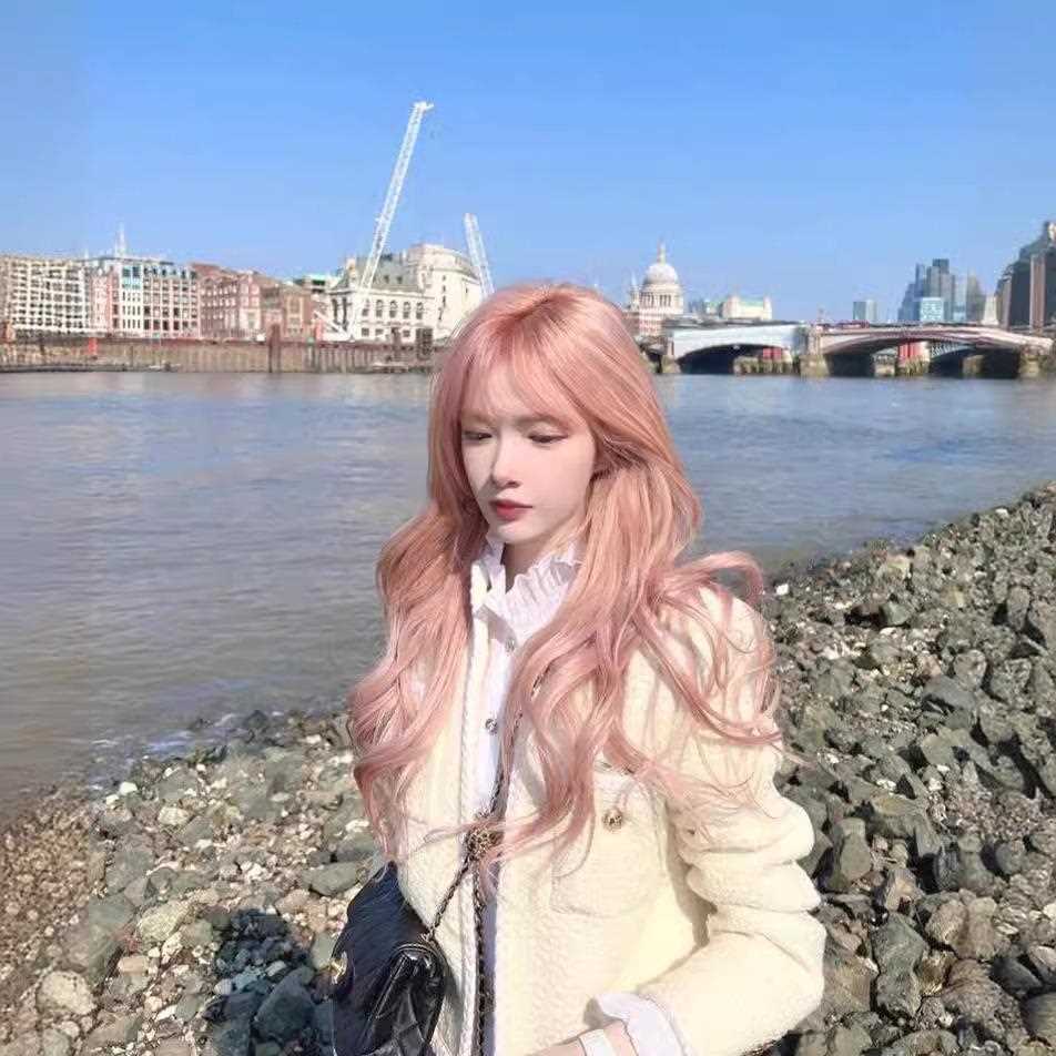 新款直销网红西柚粉色长卷发主播女团欧美假发女长发潮酷彩色全头