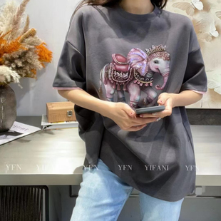 深圳欧货2025新款重工钉珠大象T恤女宽松休闲百搭上衣大板型短袖