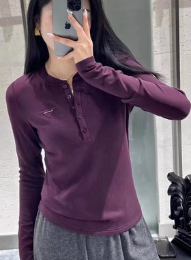 深圳欧货正品秋款高级感气质时尚圆领排扣长袖打底上衣女82282