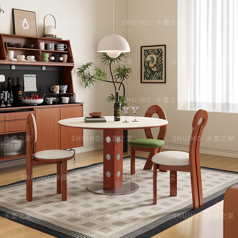 德利丰岩板洞石桌中古圆桌复古金属腿圆形餐桌法式包豪斯实木饭桌