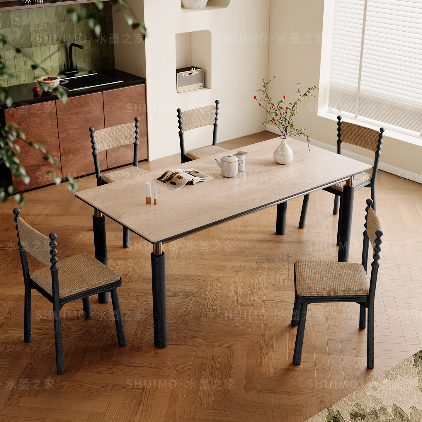 包豪斯德利丰岩板餐桌椅洞石中古风不锈钢白蜡木实木四季岩板餐桌