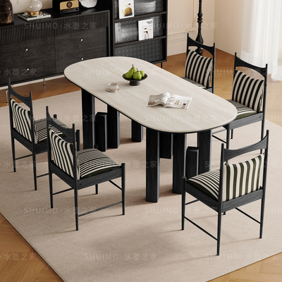 德利丰岩板洞石法式餐桌家用小户型轻奢奶油黑色长方形餐桌子客厅
