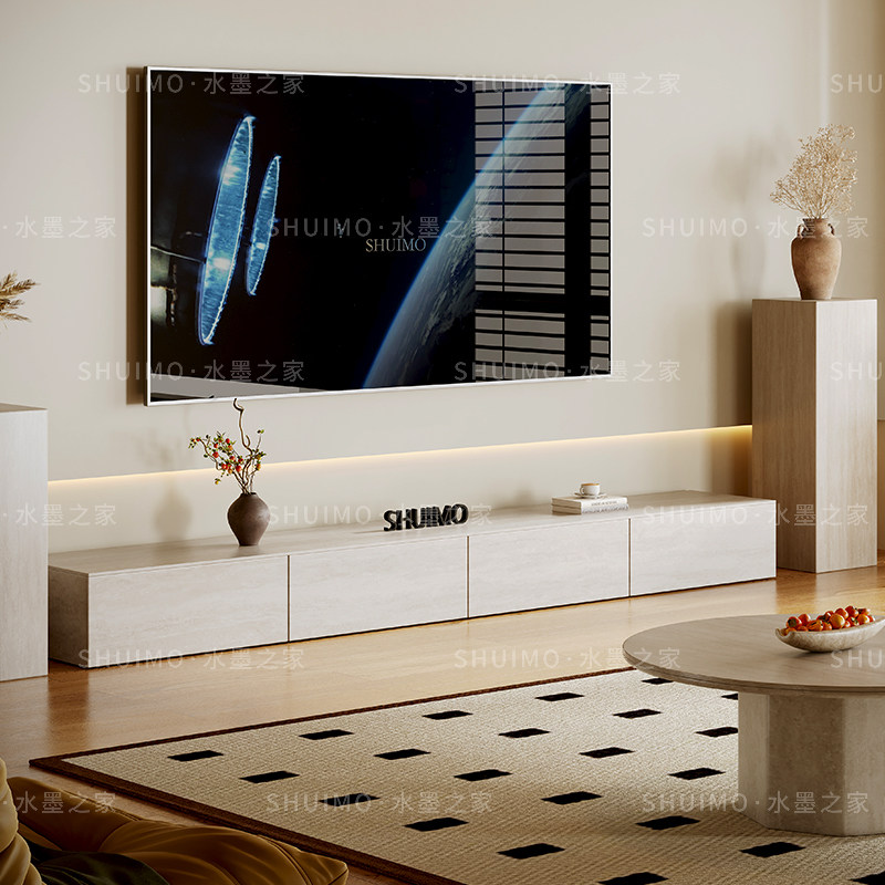 德利丰侘寂风法式复古洞石岩板落地台小户型客厅家用电视机柜组合