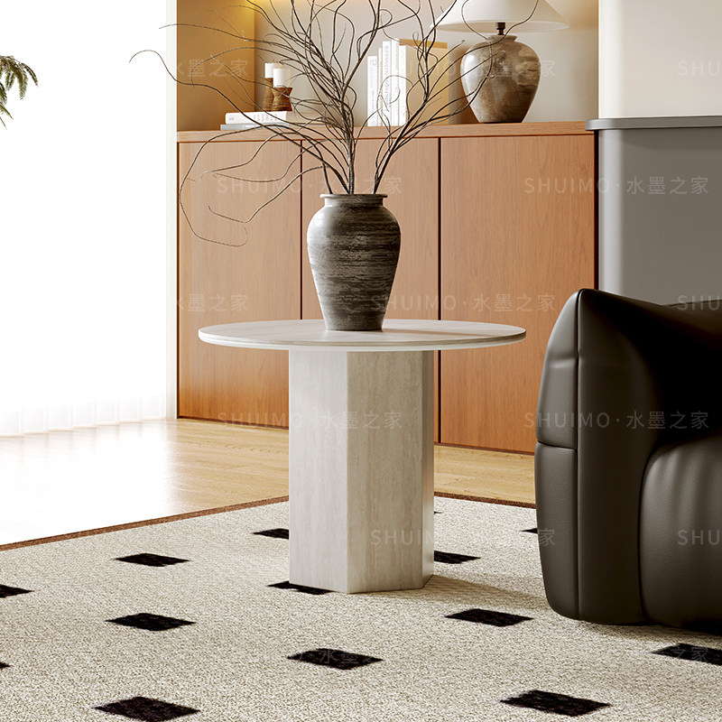 德利丰侘寂风洞石岩板边几圆形客厅小户型设计师中法式复古风艺术