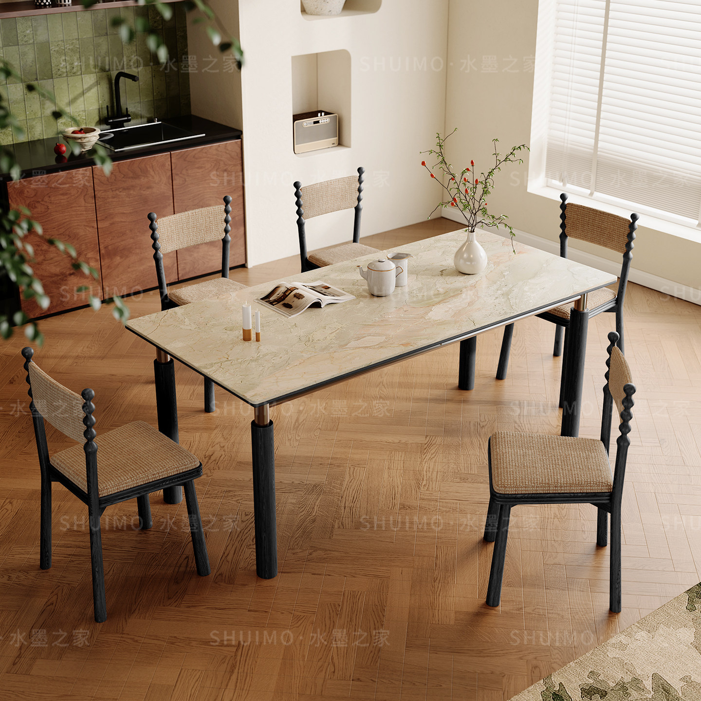 包豪斯德利丰岩板餐桌椅洞石中古风不锈钢白蜡木实木莫奈花园餐桌