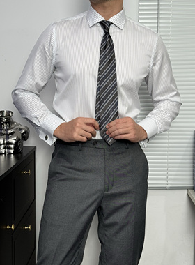 法式双层袖口条纹长袖衬衫男商务休闲免烫通勤衬衣